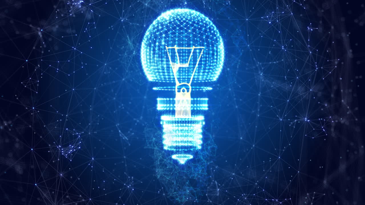 animazione di una lampadina che gira con una rete di connessioni su sfondo blu