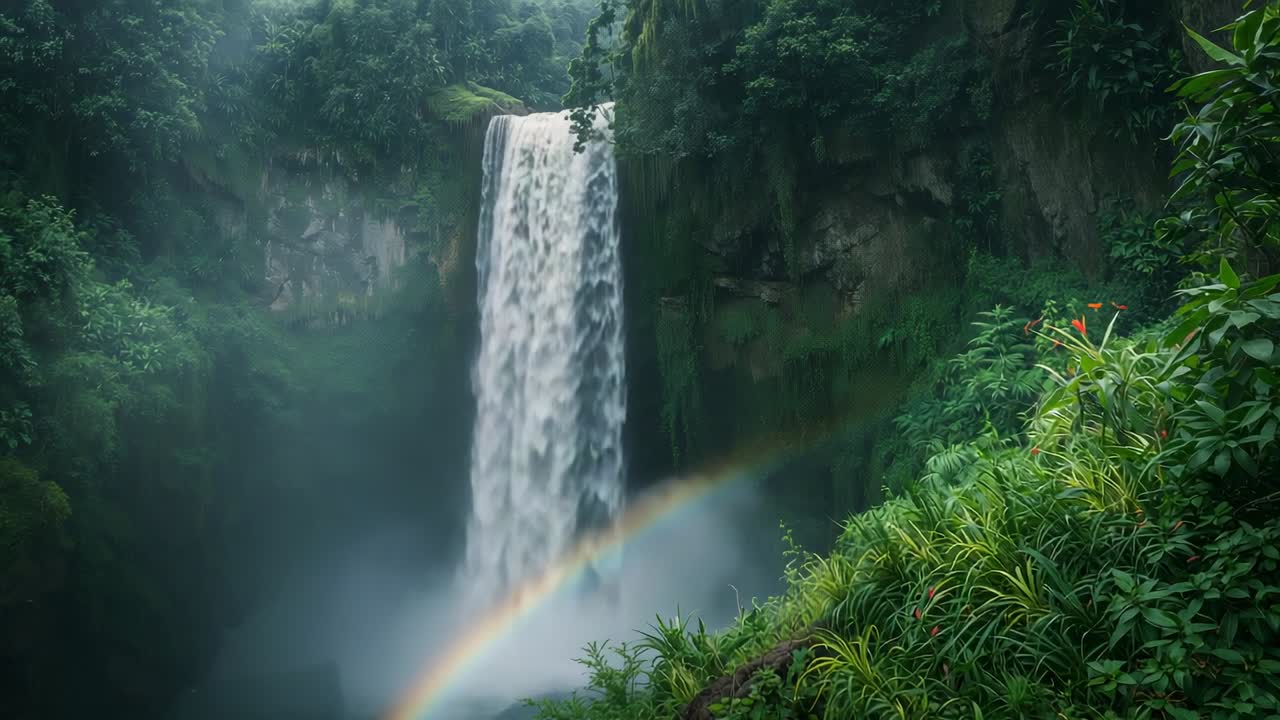 Plunging waterfall pouring over rocky cliff into misty forest gorge, rainbow shifting with mist