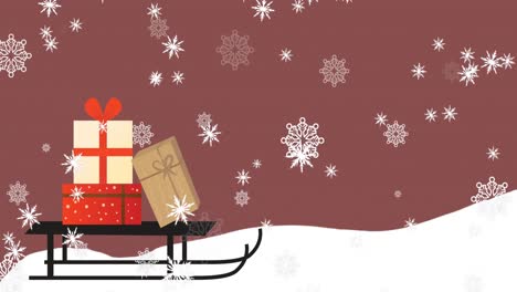 Animation-Von-Schnee,-Der-über-Schlitten-Und-Weihnachtsgeschenke-Fällt