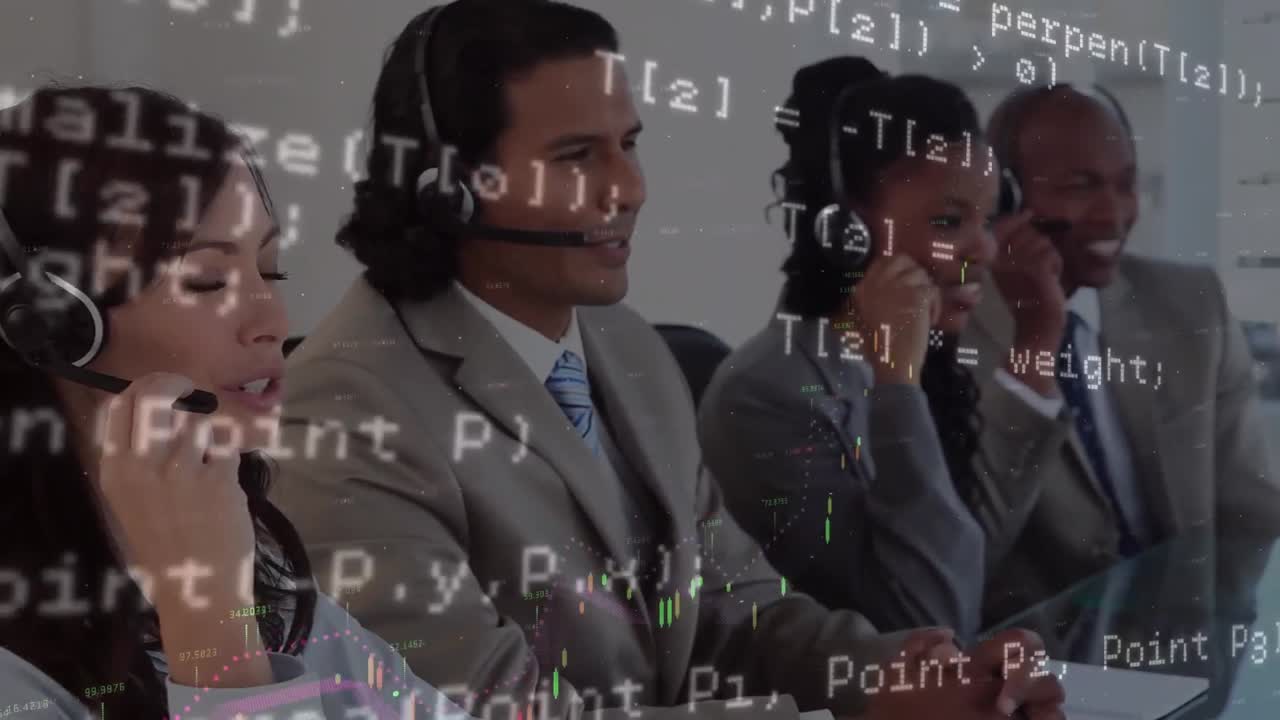 Animation of financial data processing over diverse business people using phone headsets in office