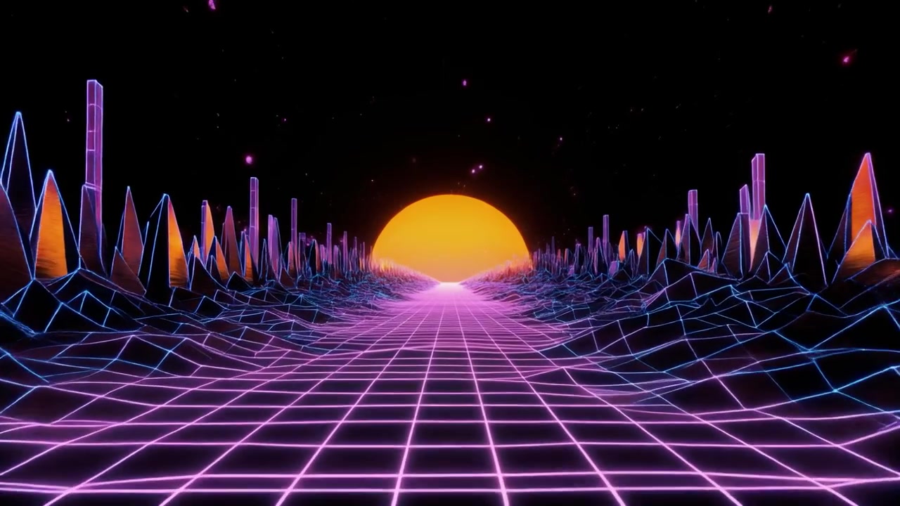 Lanskap Digital Gaya Retro Synthwave dengan Matahari Bercahaya