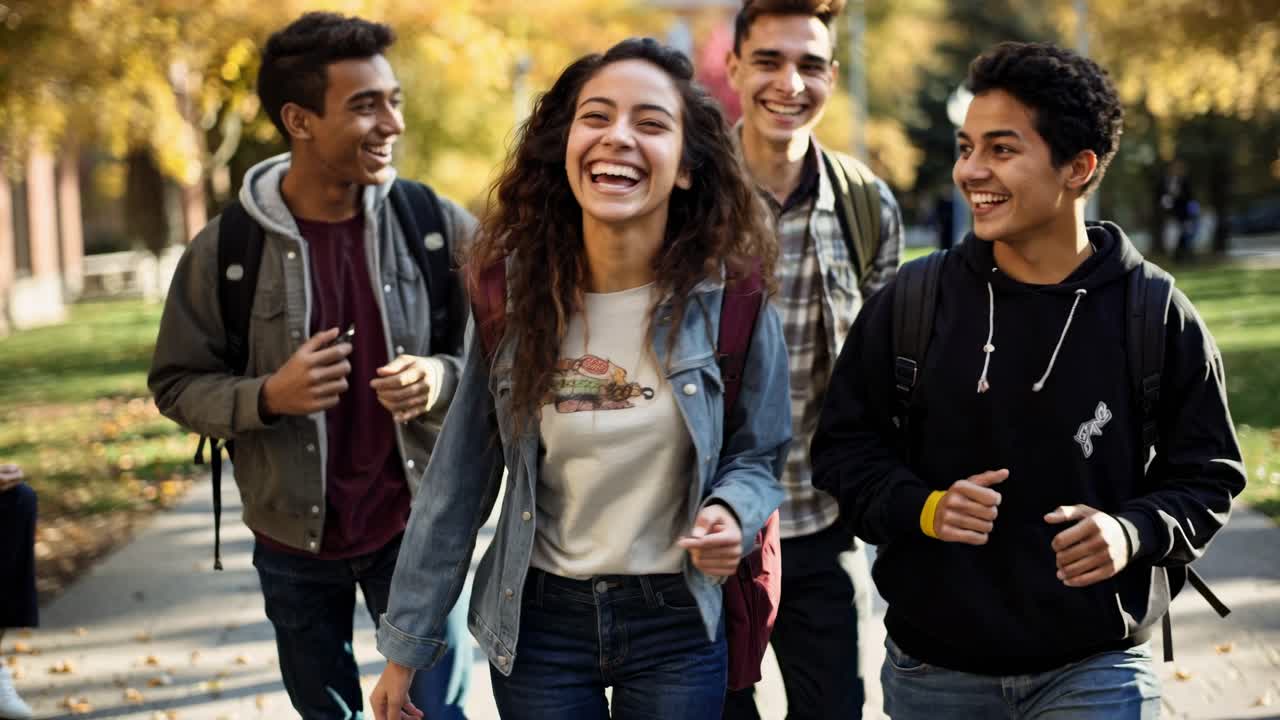 A group of friends walking and laughing in a park, captured from a low-angle