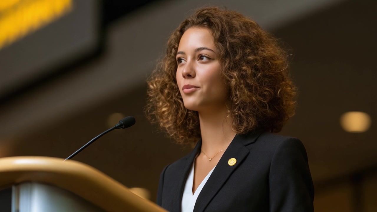 Confident Speaker Delivering Inspiring Speech with Poise and Charm: Captivating Moments of Leadership and Eloquence in an Engaged Audience Setting
