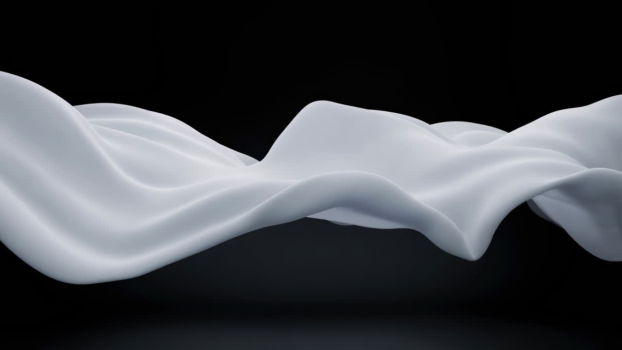Cinematic Slowmotion White Fabric Wave On Black Background, Soft Folds Undulate Like Liquid Ribbon