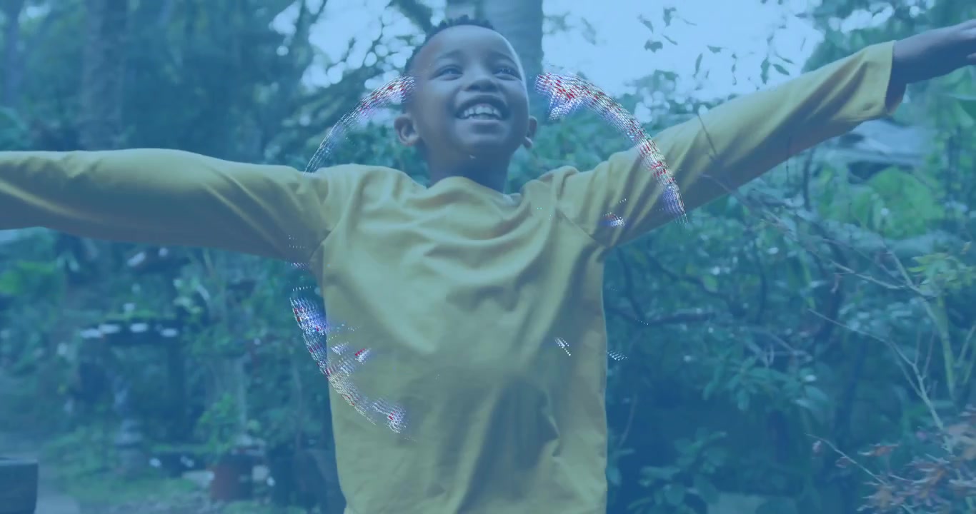 Boy stepping onto path and activating rotating Earth overlay in technology demo while running