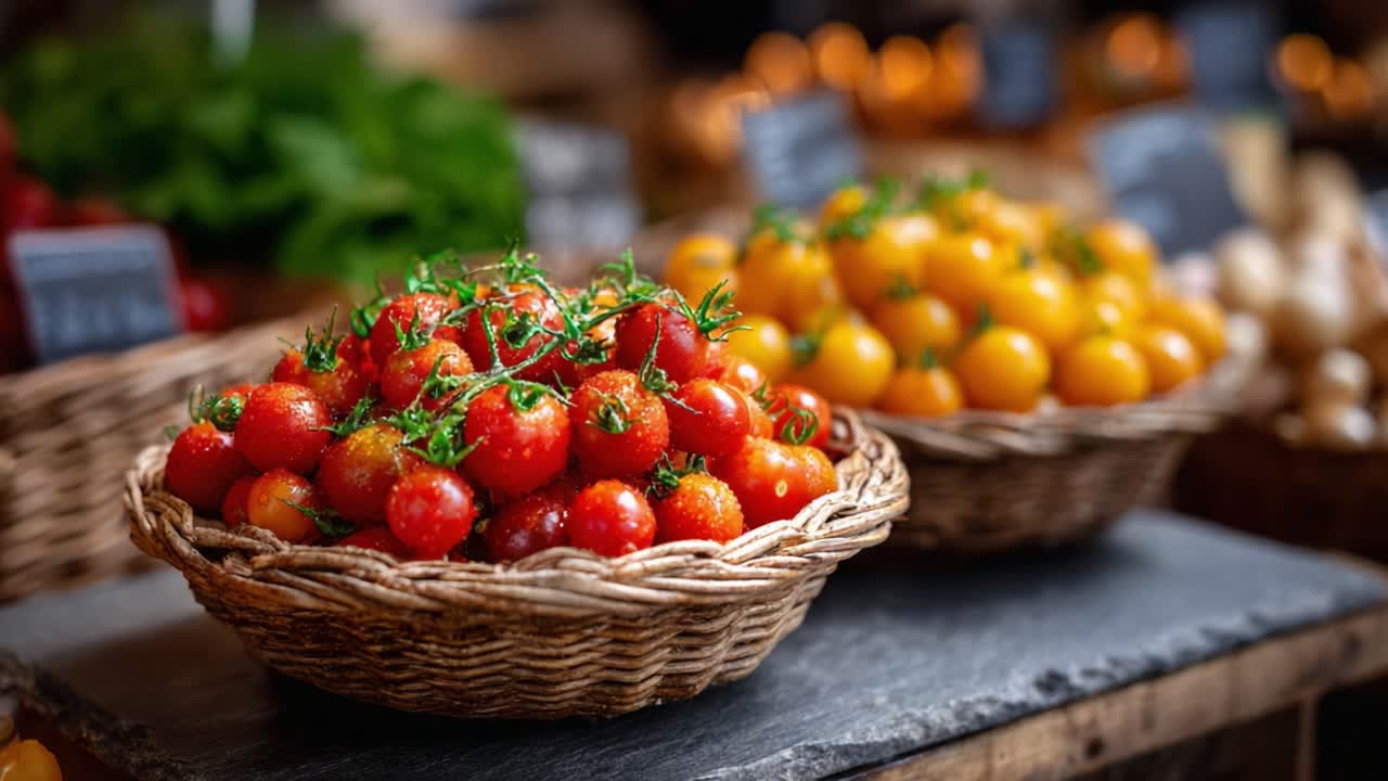 Vibrant Display of Fresh Tomatoes and Golden Cherry Tomatoes in Artisan Baskets at a Rustic Market, Showcasing Nature's Bounty and Culinary Delights