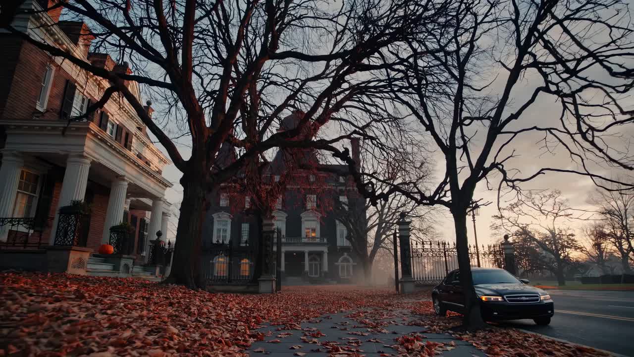 Low-angle video frame of a gothic mansion surrounded by bare trees and fallen leaves
