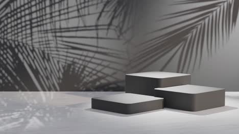 3d concept render of reflective countertop, foliage shadows backdrop, grey cubes