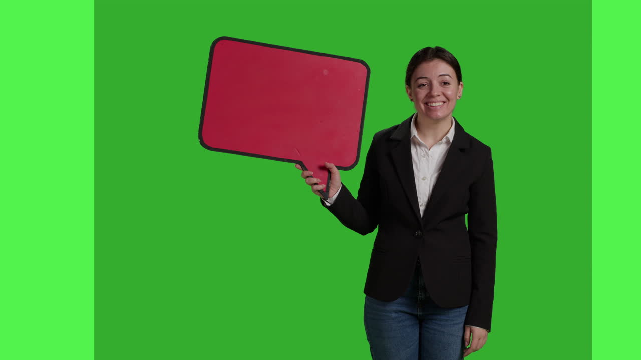 Businesswoman Holding Speech Bubble on Green Screen