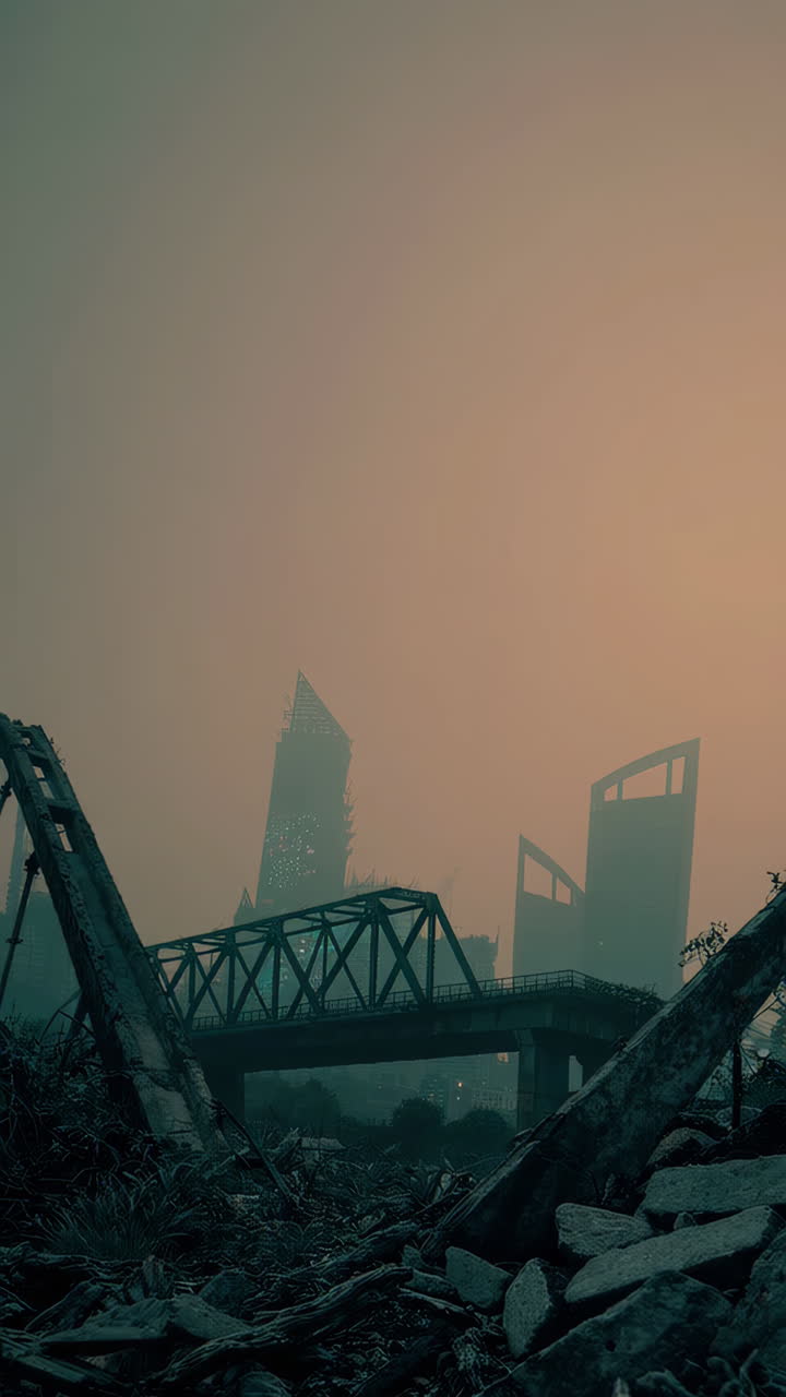 Ruined Cityscape Under a Smoky Sky