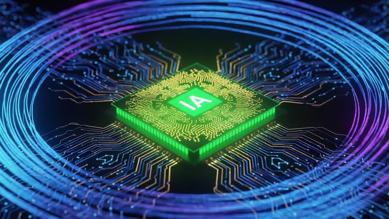 Vibrant Representation of Advanced Artificial Intelligence Chip Surrounded by Radiant Circuits and Colorful Patterns, Showcasing the Future of Technology and Innovation