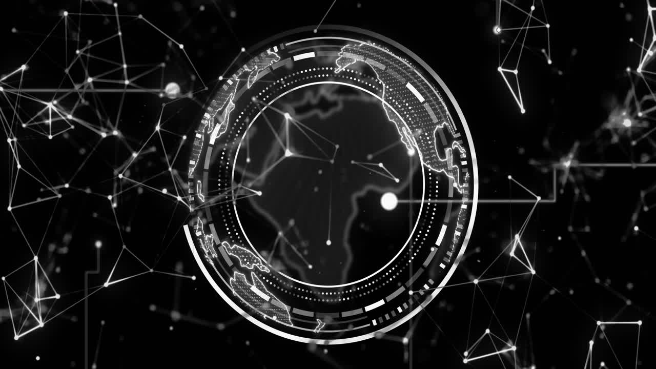 Animation of globe with connections and data processing over black background