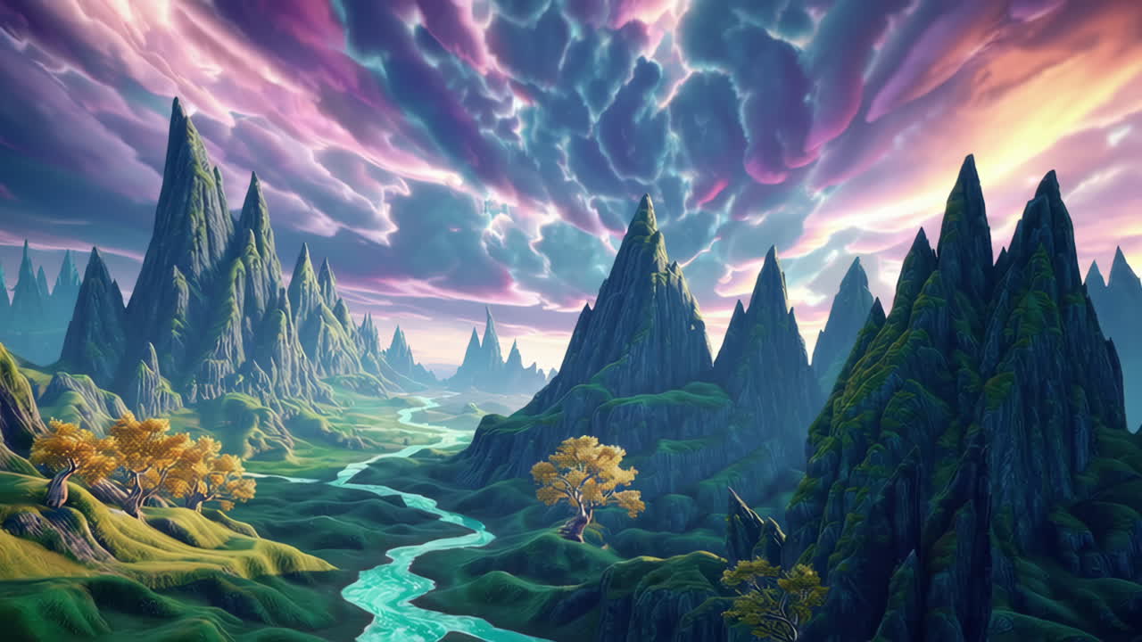 Fantastical Mountain Landscape with Vibrant Skies and a Winding River