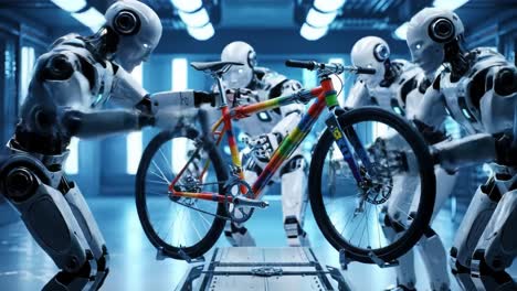 a futuristic display of robotics: mechanized assistants handling a colorful bicycle in an advanced technology environment