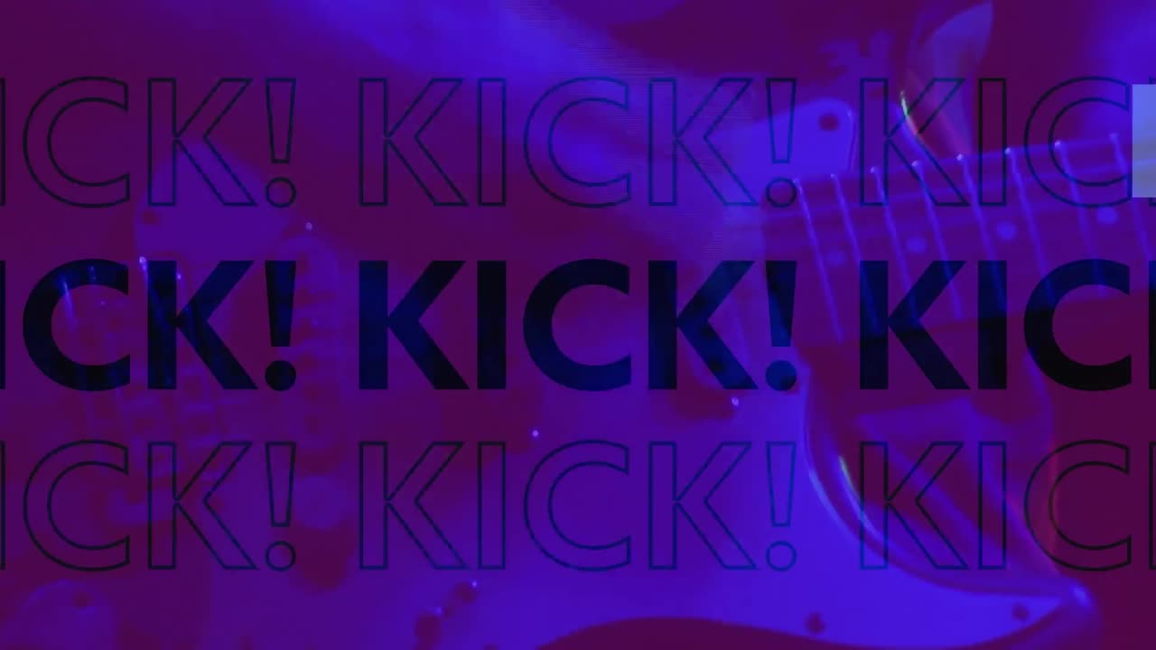 animación del texto de patada sobre la persona que toca la guitarra con tinte púrpura