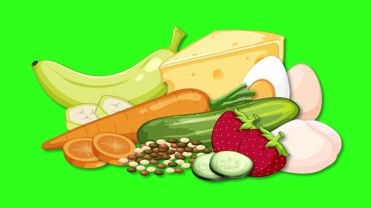 Various low FODMAP foods assemble smoothly on vibrant green screen, highlighting healthy dietary options