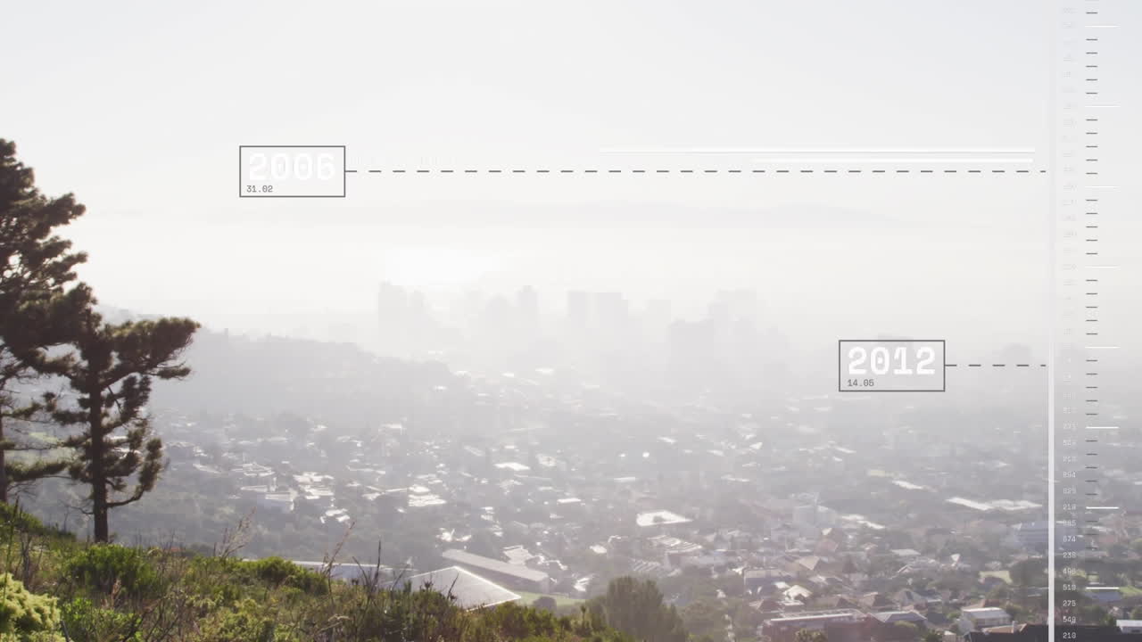 하늘 아래의 실루 ⁇  도시 풍경의 공중 전망 위에서 디지털 화면에서 해가 바뀌는 애니메이션