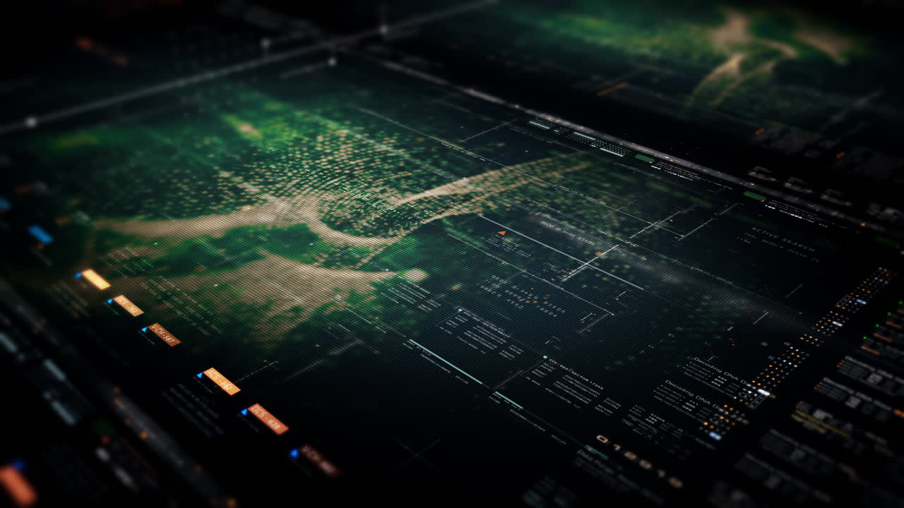 헤드 업 디스플레이 배경을 위해 사이버 공간 환경에서 입자 시뮬레이션을 사용하여 미래형 추상 디포커스 데이터 매트릭스, 메타, 메타버스, 원격 측정 및 암호화 숫자 표시