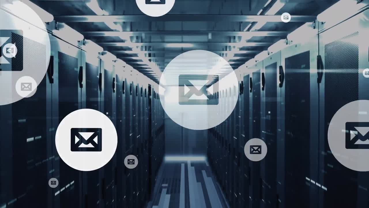 Animation of message icons floating and mosaic squares against computer server room