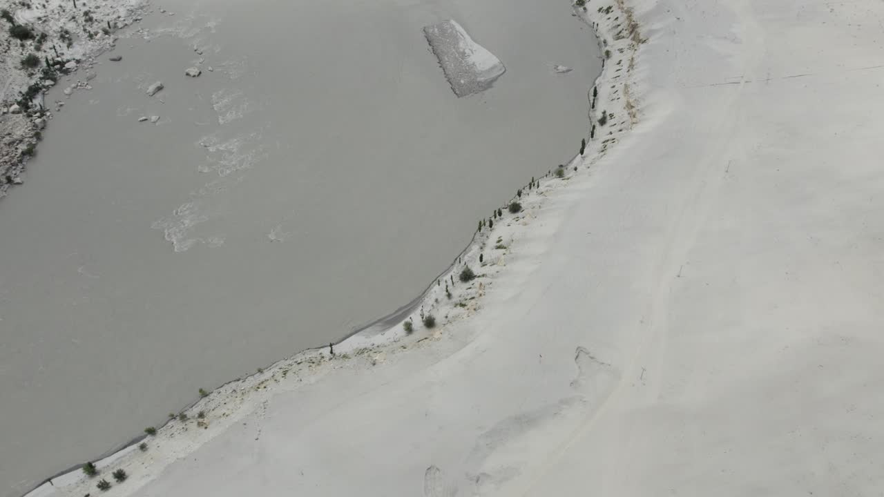 Top down shot of Indus River winding past the barren, snowy-white cold desert near Skardu. Skardu, Pakistan