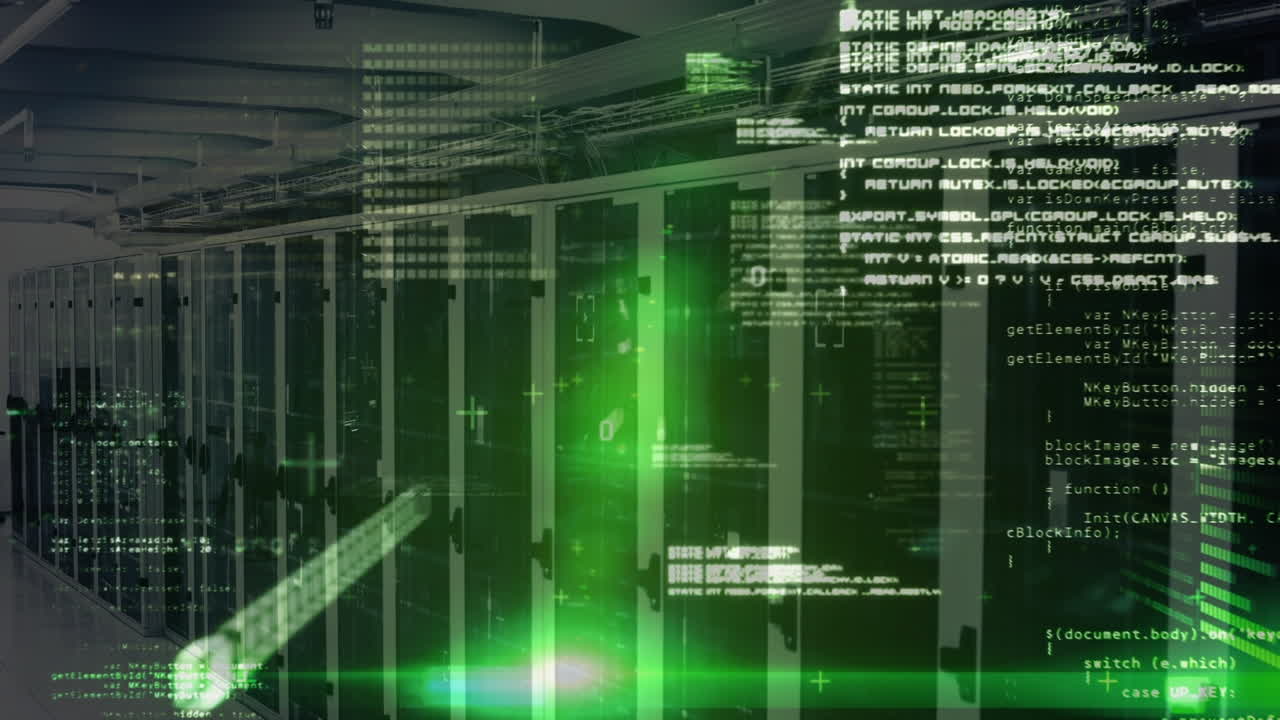 Animation of data processing and green lights over servers