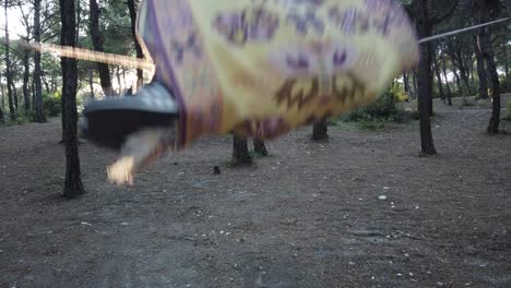 a boy is swinging at the forest with lens flare from picnics