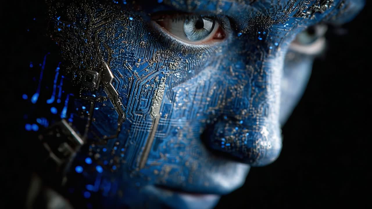 Un intricato primo piano di un volto cibernetico con circuiti blu e caratteristiche riflettenti, che mette in risalto la fusione tra tecnologia e umanità in un ritratto artistico