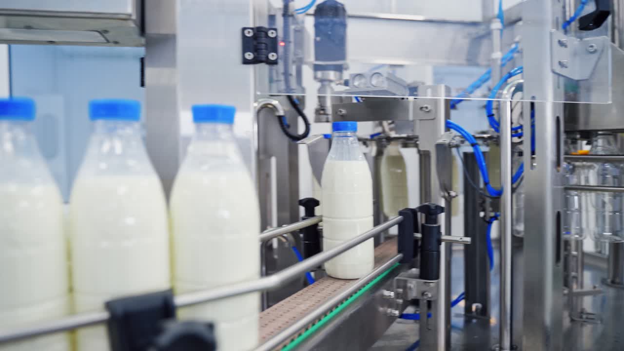 Bottles for milk on automatic production line. Dairy production in robotic factory. Empty bottles are filling with milk on manufacturing line.