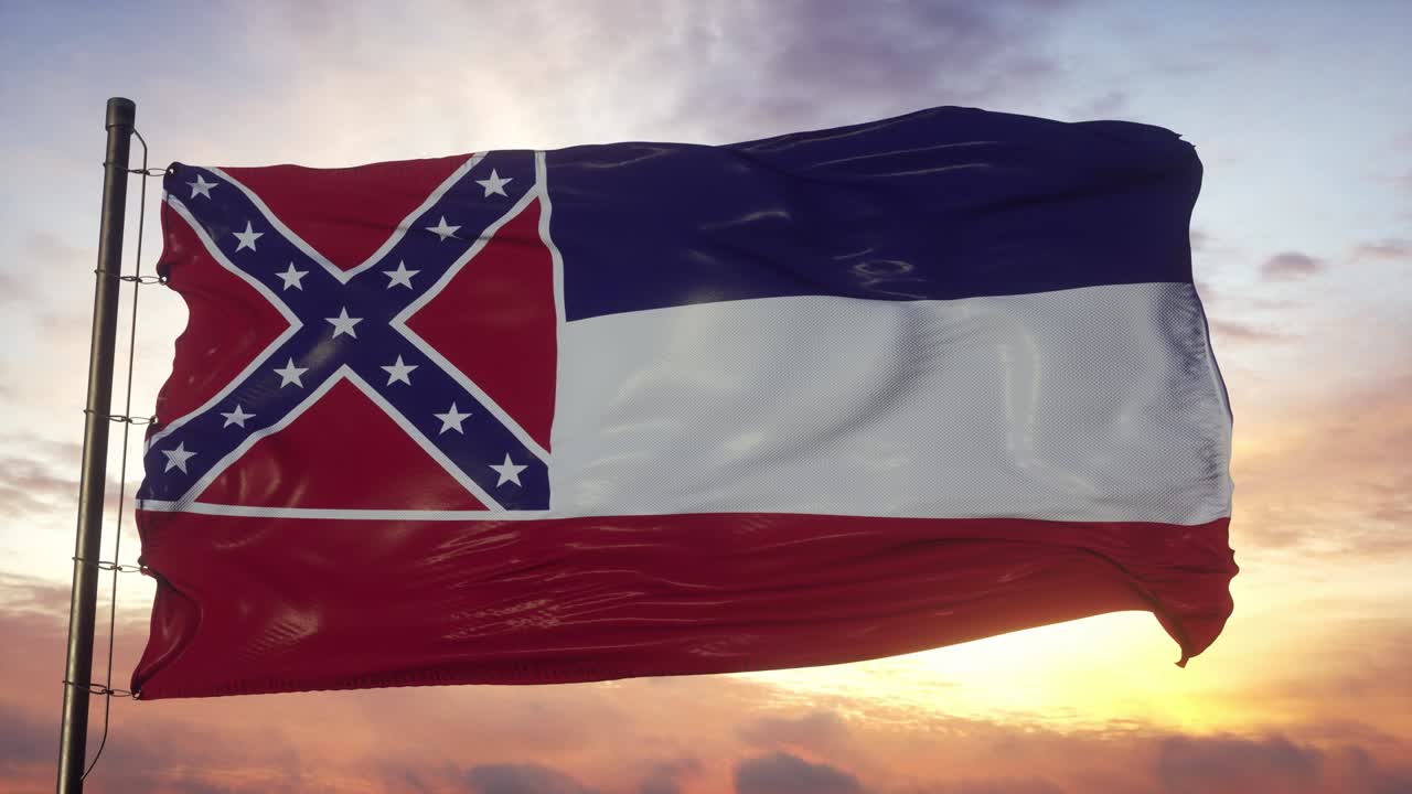 Flag of Mississippi waving in the wind against deep beautiful sky at sunset