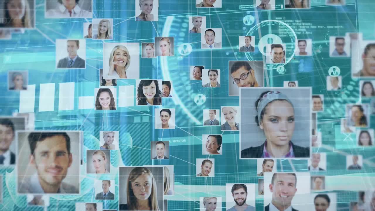 анимация обработки данных и значков людей над серверной комнатой