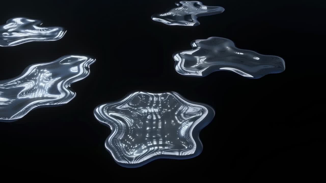 Gleaming Liquid Puddles On Black Surface, Glowing LED Reflections Form Starlike Contours And Flowing Ripples,