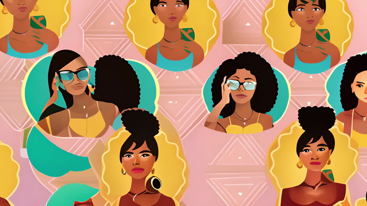 mujeres elegantes con gafas de sol y pendientes animación sobre fondo geométrico