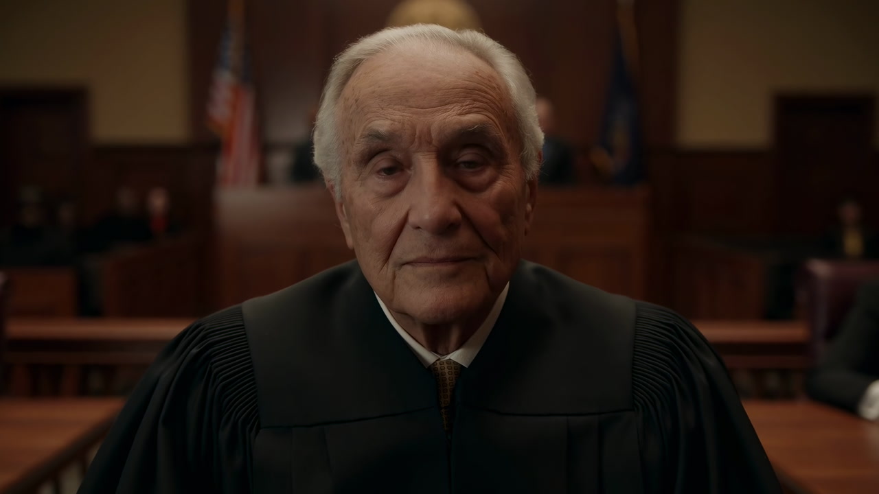 White Senior Judge Facing Camera On Bench, Elder Statesman Jurist In Black Robe Solemnly Addresses Courtroom