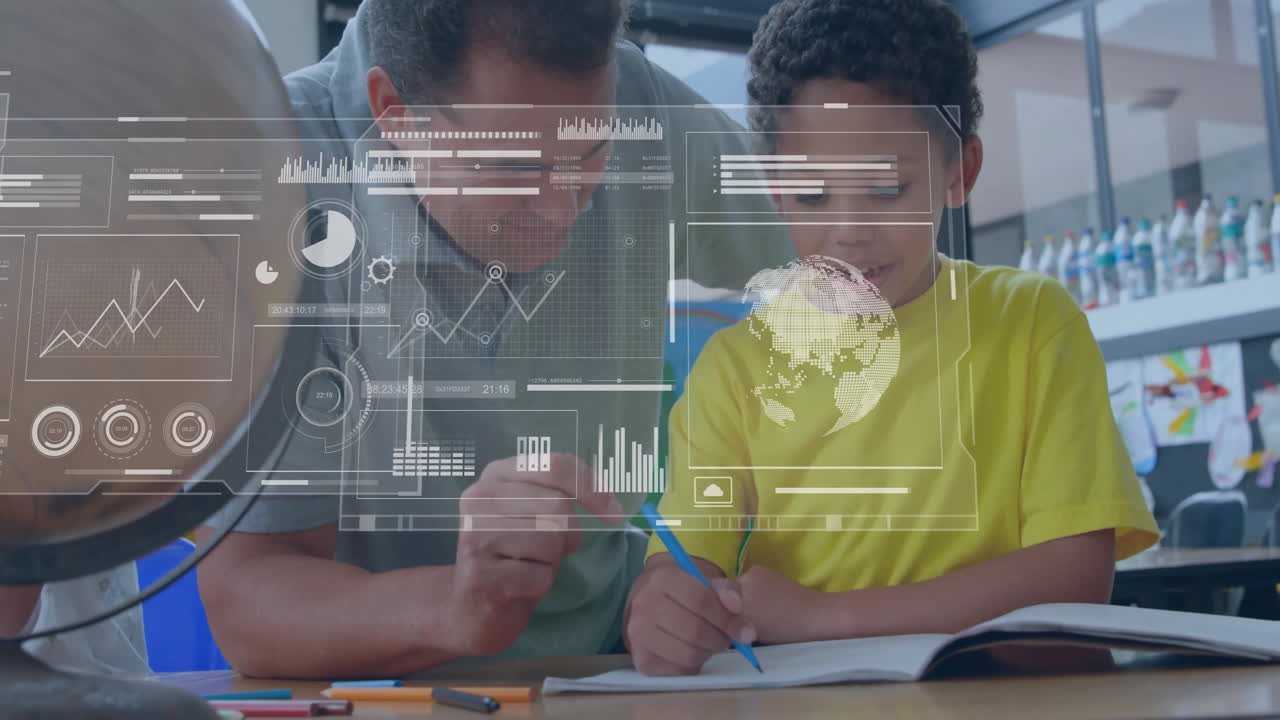 다양한 학교 소녀와 남성 교사에 대한 통계 및 데이터 처리의 애니메이션