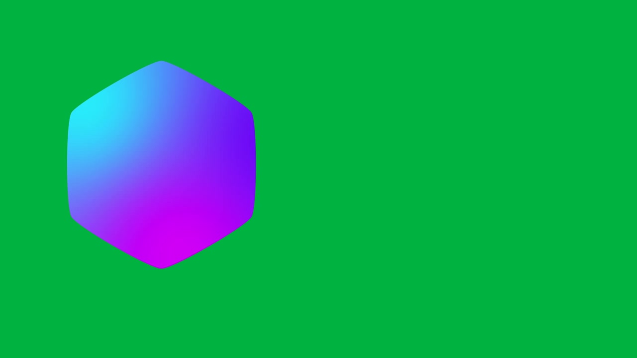 Animation of gradient purple to pink glowing hexagon with copy space on white background