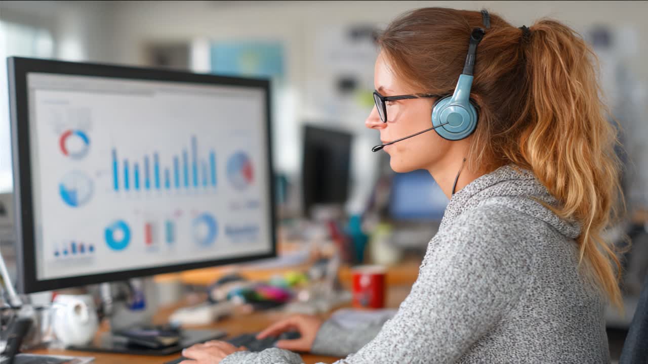 Focused Female Analyst in Headset Analyzing Data Graphs on Computer Screen, Highlighting Professional Engagement in a Modern Workspace Environment