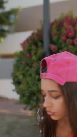 young woman outdoors in pink hat