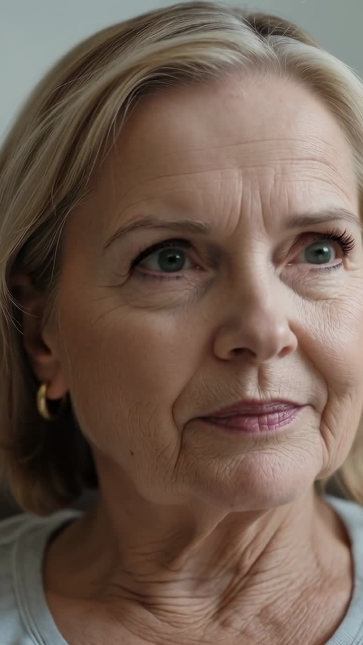 Vertical video: Tilting senior woman holding head upward at home, showing gold hoops, light top