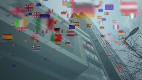 Animación-De-Banderas-De-Varias-Naciones-Europeas-Y-De-La-Unión-Europea-Sobre-Una-Torre-Moderna.