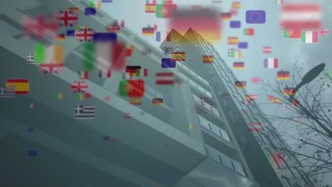 animación de banderas de varias naciones europeas y la unión europea sobre un moderno bloque de torres