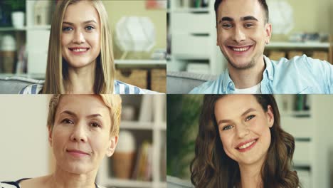 close up portrait of diverse caucasian people of different ages at home. collage of happy man and women sitting in living room. middle-aged dreamy beautiful female looking away indoor. people concept