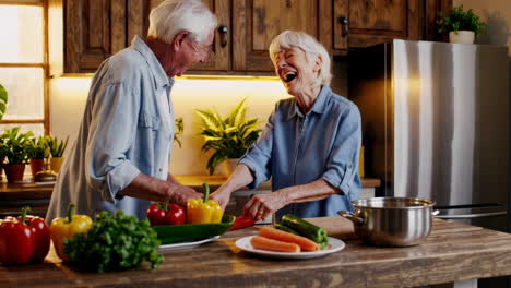 joyful elderly couple cooking vegetables together