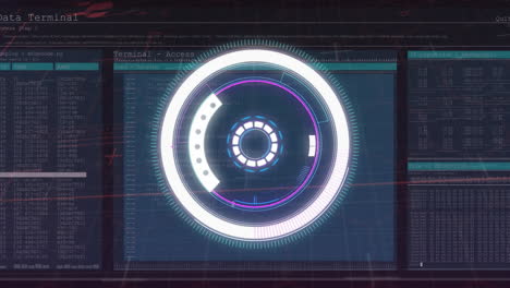 animation of neon round scanner over interface with data processing against black background