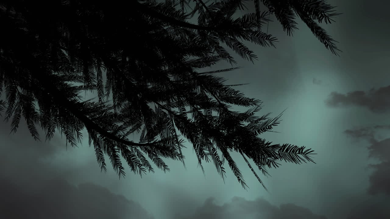 silueta de ramas con hojas y relámpagos