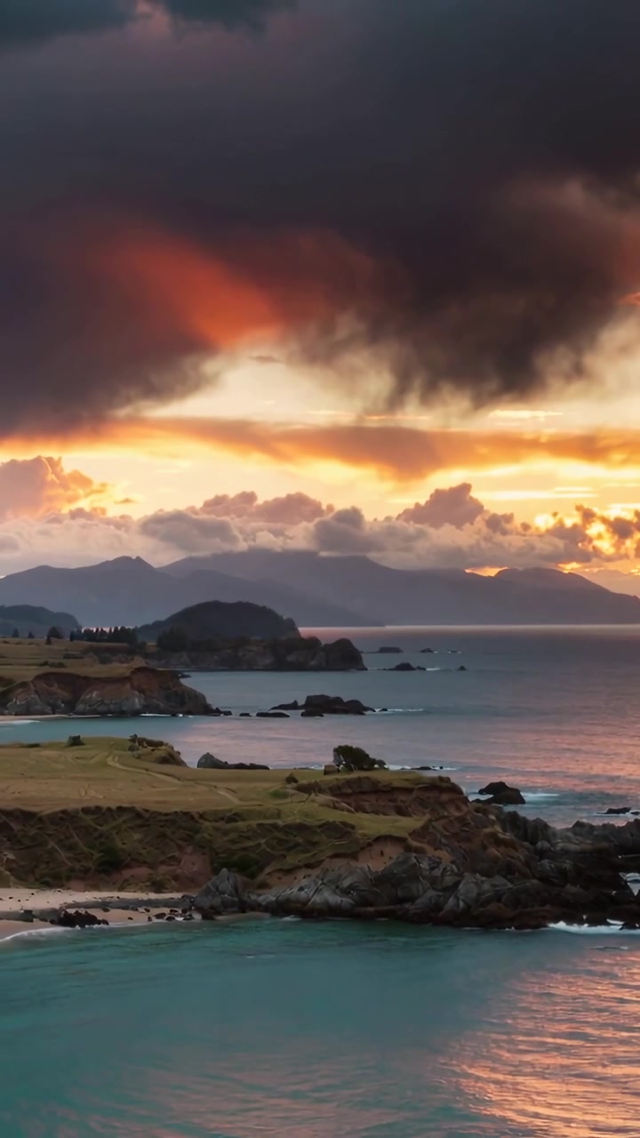 Vidéo verticale: Lumière du coucher de soleil perçant peignant une lueur chaude sur l'eau turquoise et un promontoire rocheux au crépuscule
