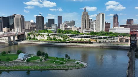 aerial shot of mississippi riverfront in saint paul