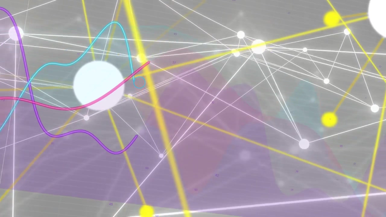 Al inicio, rayos amarillos deslizándose sobre un plano morado, nodos de red creciendo, ondas pulsantes ascendiendo mostrando enlaces.