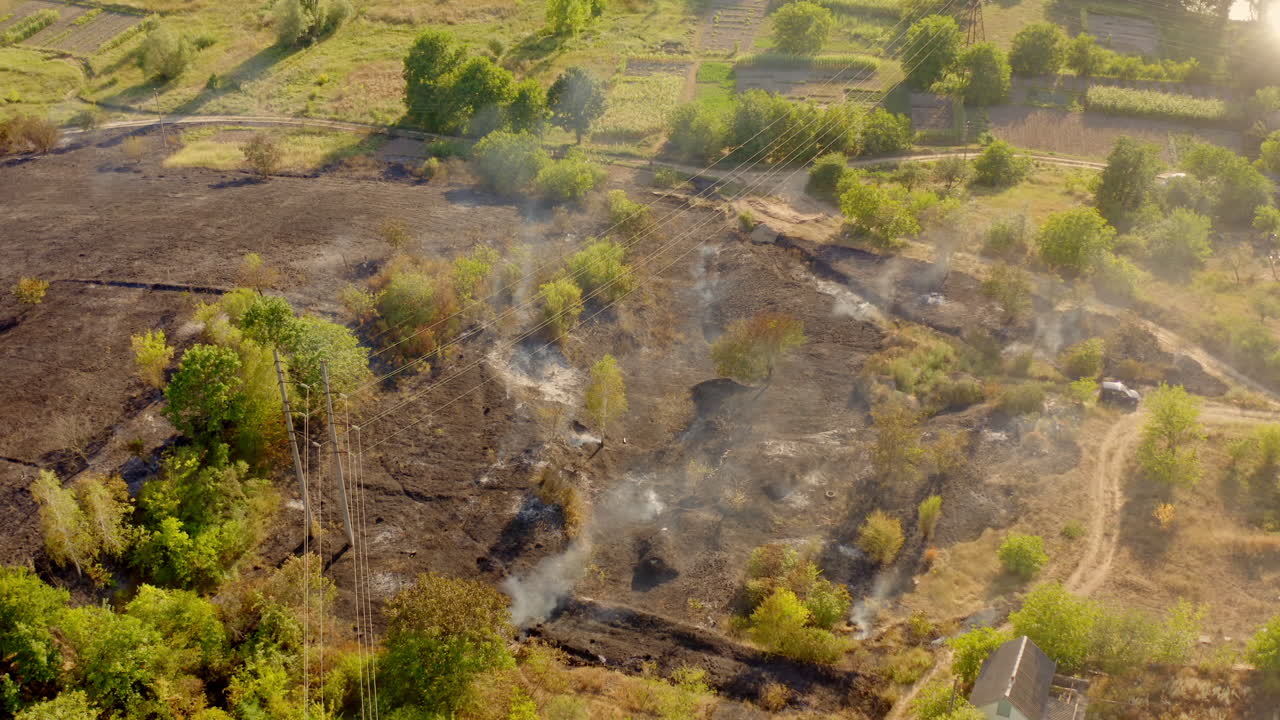 Flaming dry grass on field. Fire in field after wheat harvest