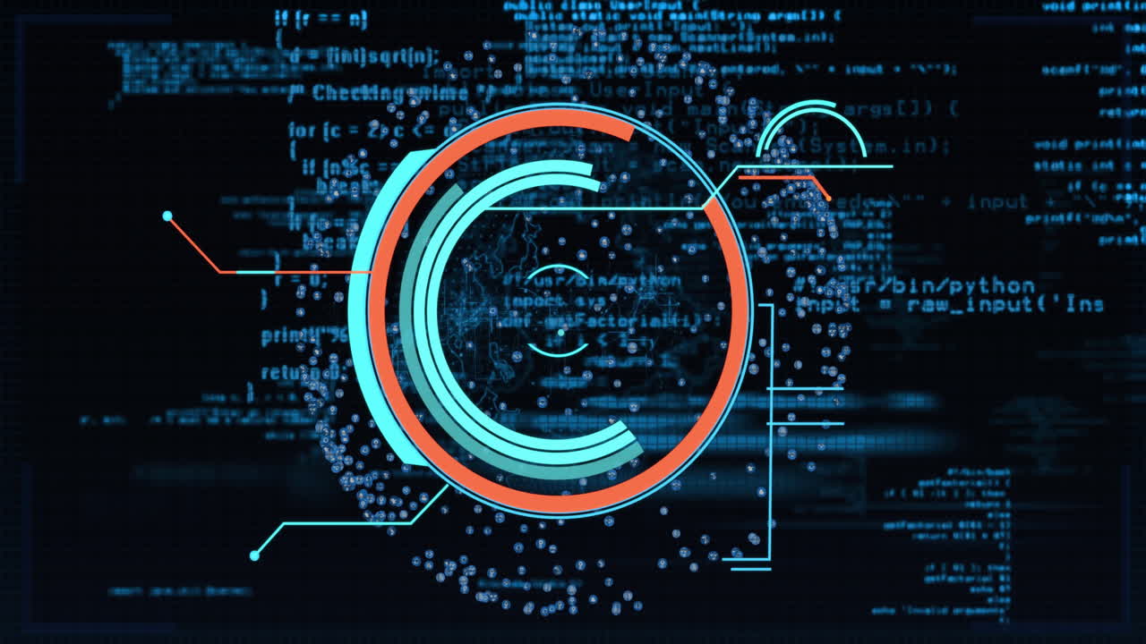 Circular data visualization and coding animation over digital background with programming text