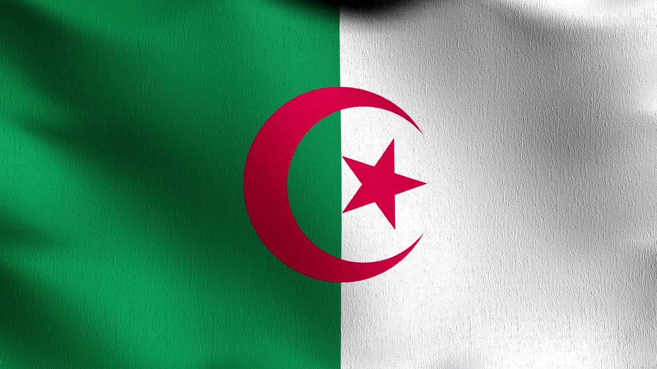 Seamless Loop 4K VDO. Algeria national flag blowing in the wind isolated. Official patriotic abstract design. 3D rendering illustration of waving sign symbol.